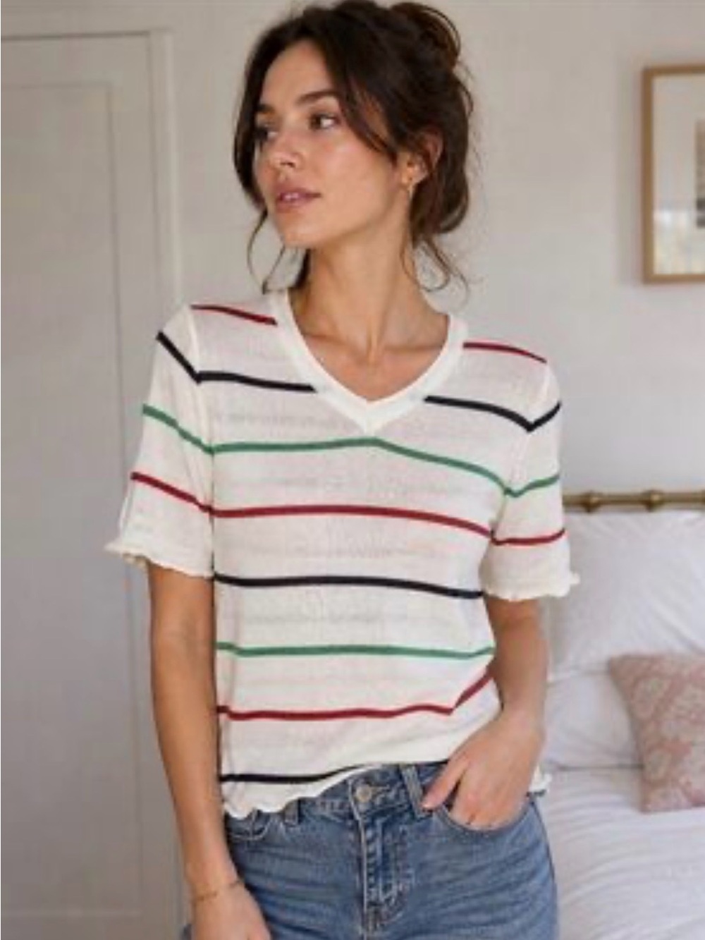 POL White V-Neck Short Sleeve Tee with Red, Green & Black Stripes